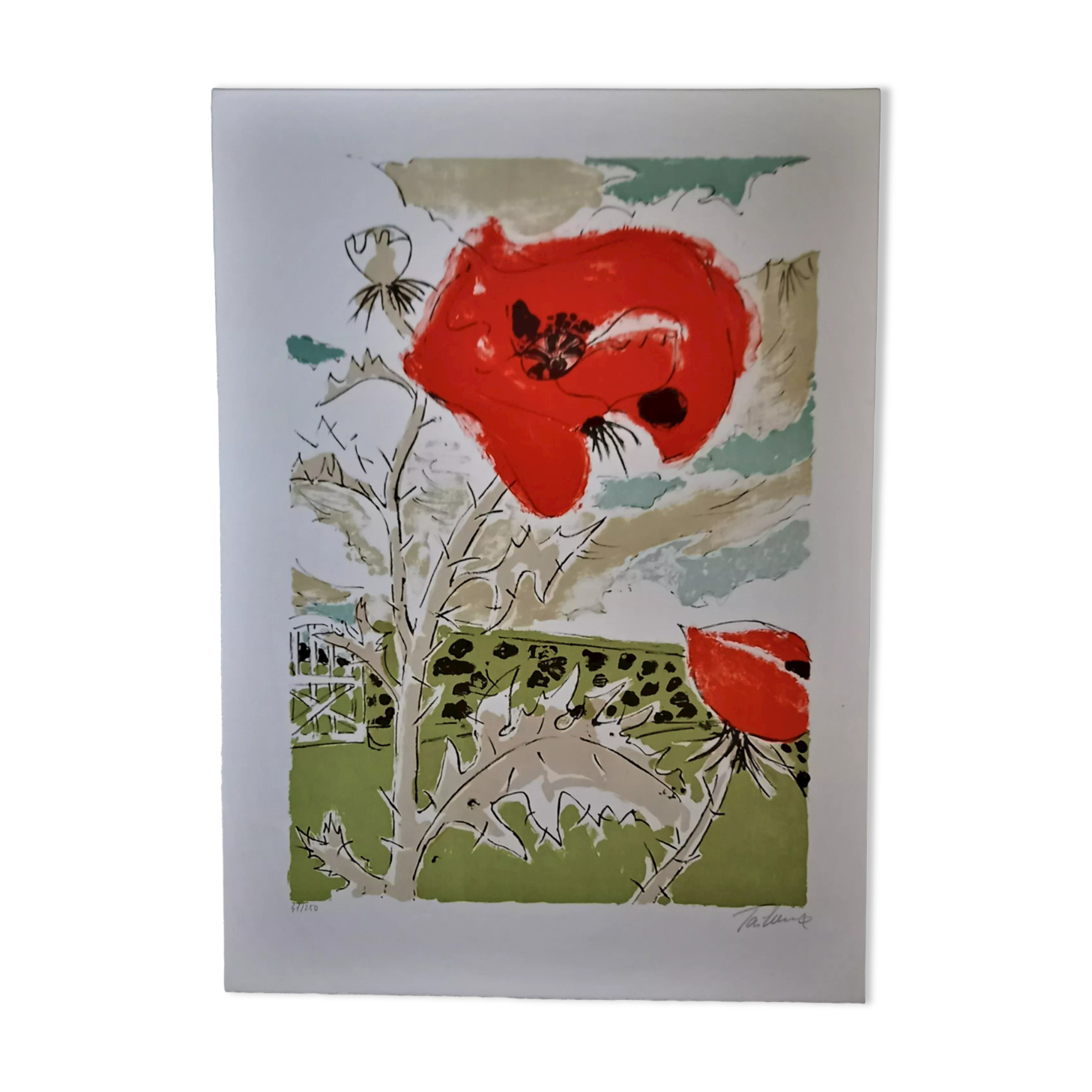 Lithograph by Francis Tailleux, Poppy, 1970s
