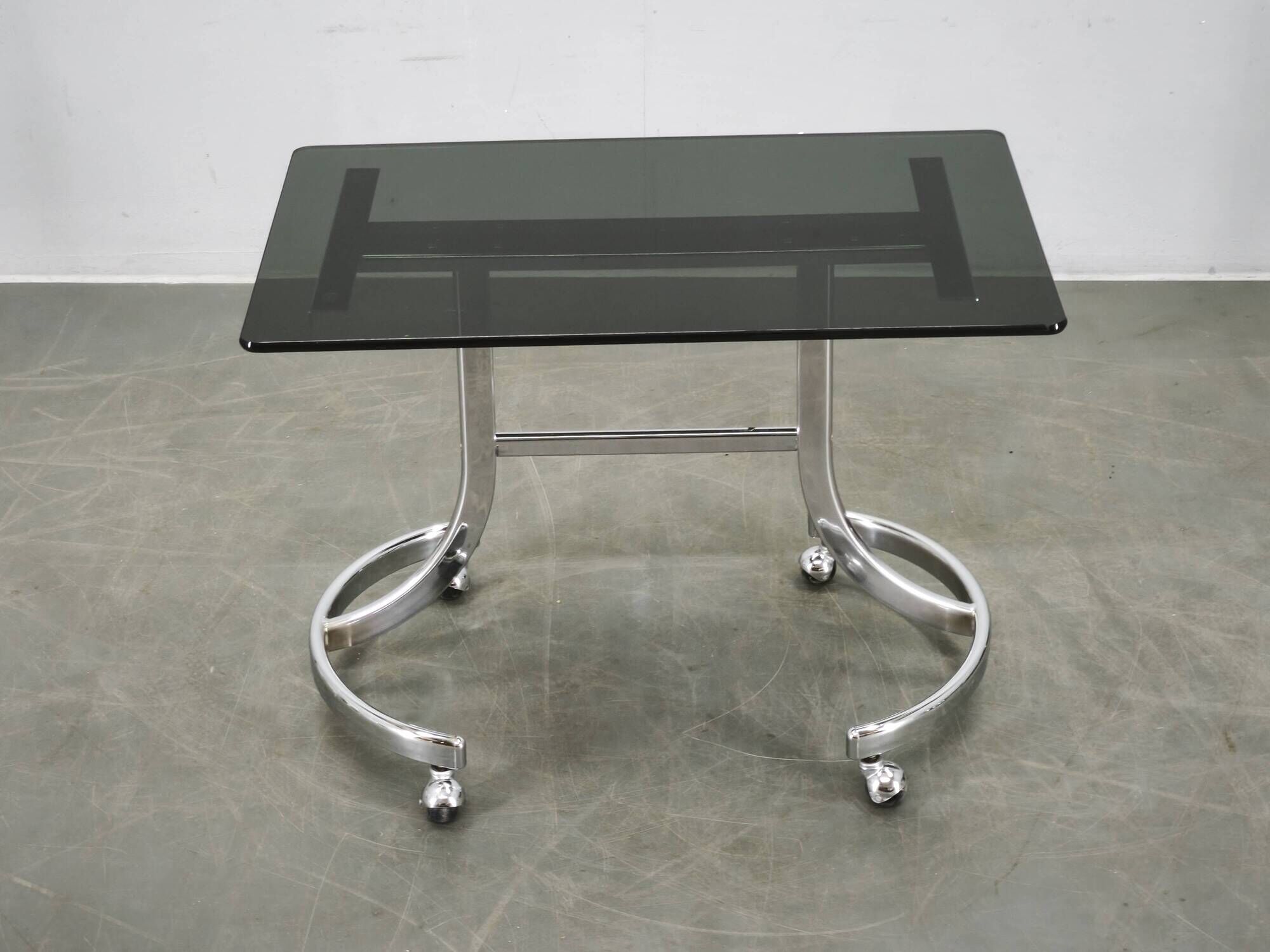 1970s Italian Space Age Chrome and Smoked Glass Rolling Side Table
