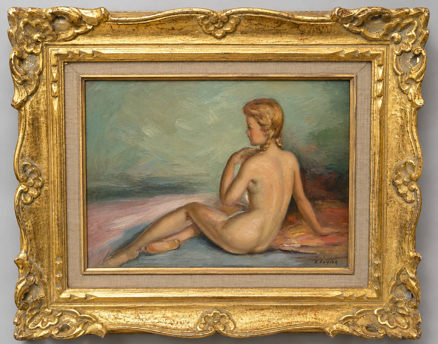 A Boyer: Oil on panel depicting a seated female nude from behind.