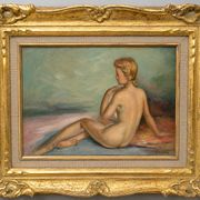 A Boyer: Oil on panel depicting a seated female nude from behind.