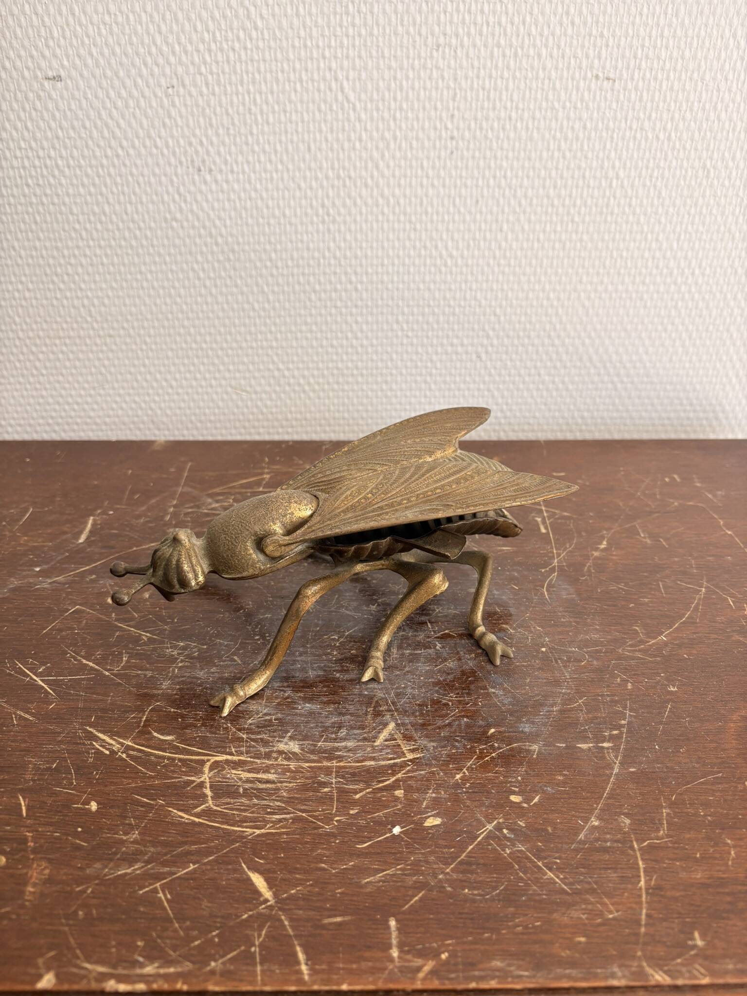 Ashtray Box Fly Cicada Articulated Brass Chiseled Vintage Display Object