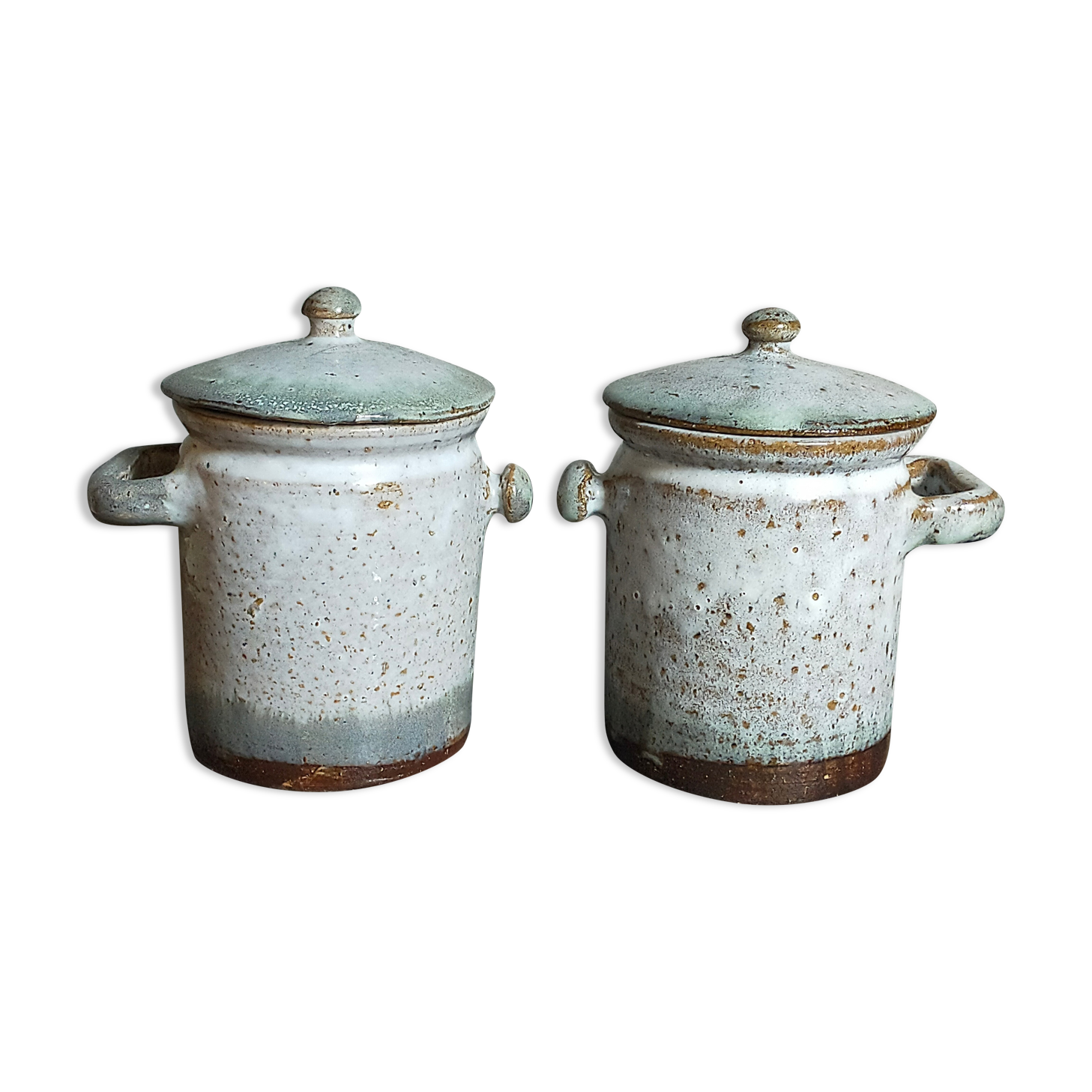 Duo of potter's pots covered in vintage glazed stoneware