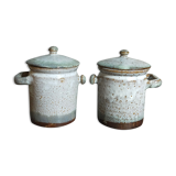 Duo of potter's pots covered in vintage glazed stoneware