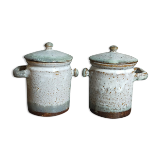 Duo of potter's pots covered in vintage glazed stoneware