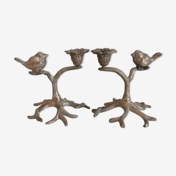 Pair of brass candle holder birds