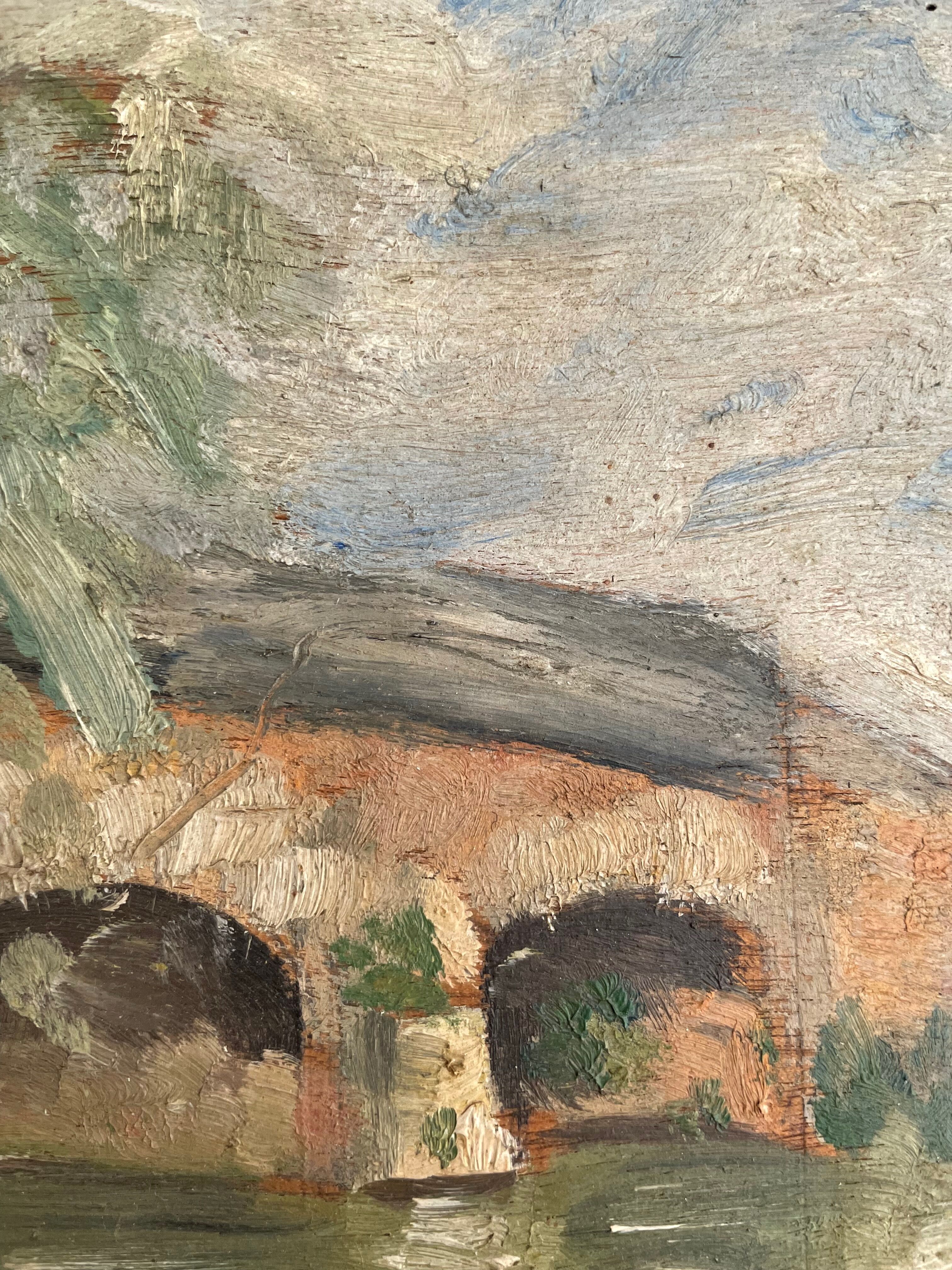 Painting old landscape painting bridge XXth A.Taboureau 1948