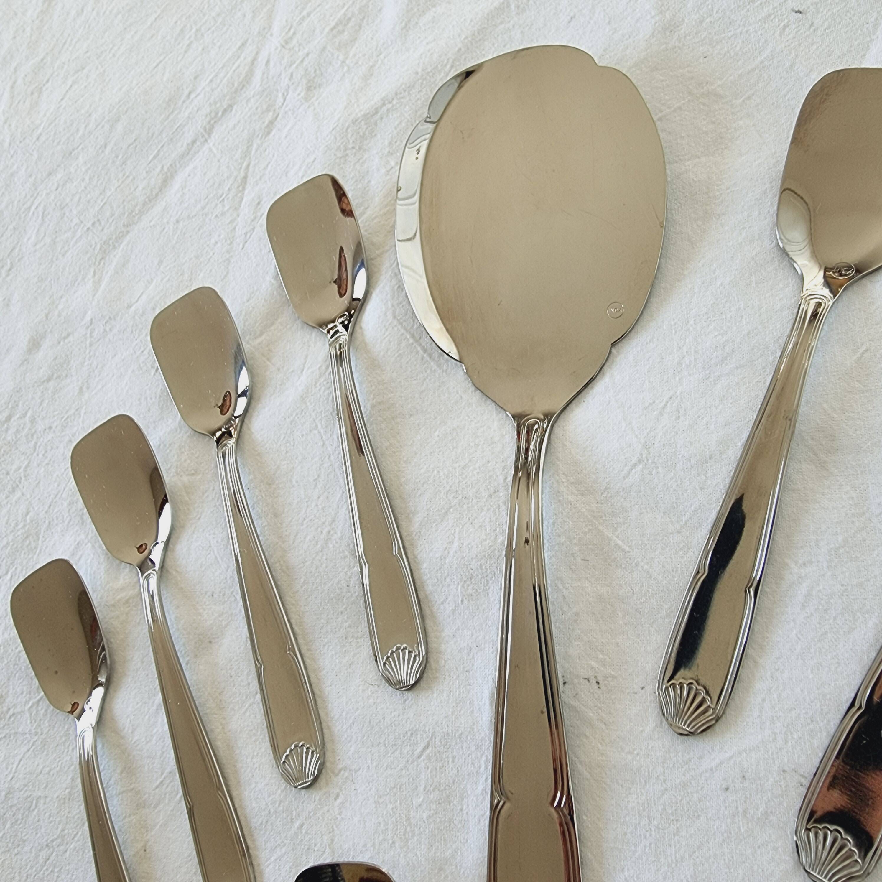 Box with 12 vintage spoons and spoon for serving ice cream in stainless steel
