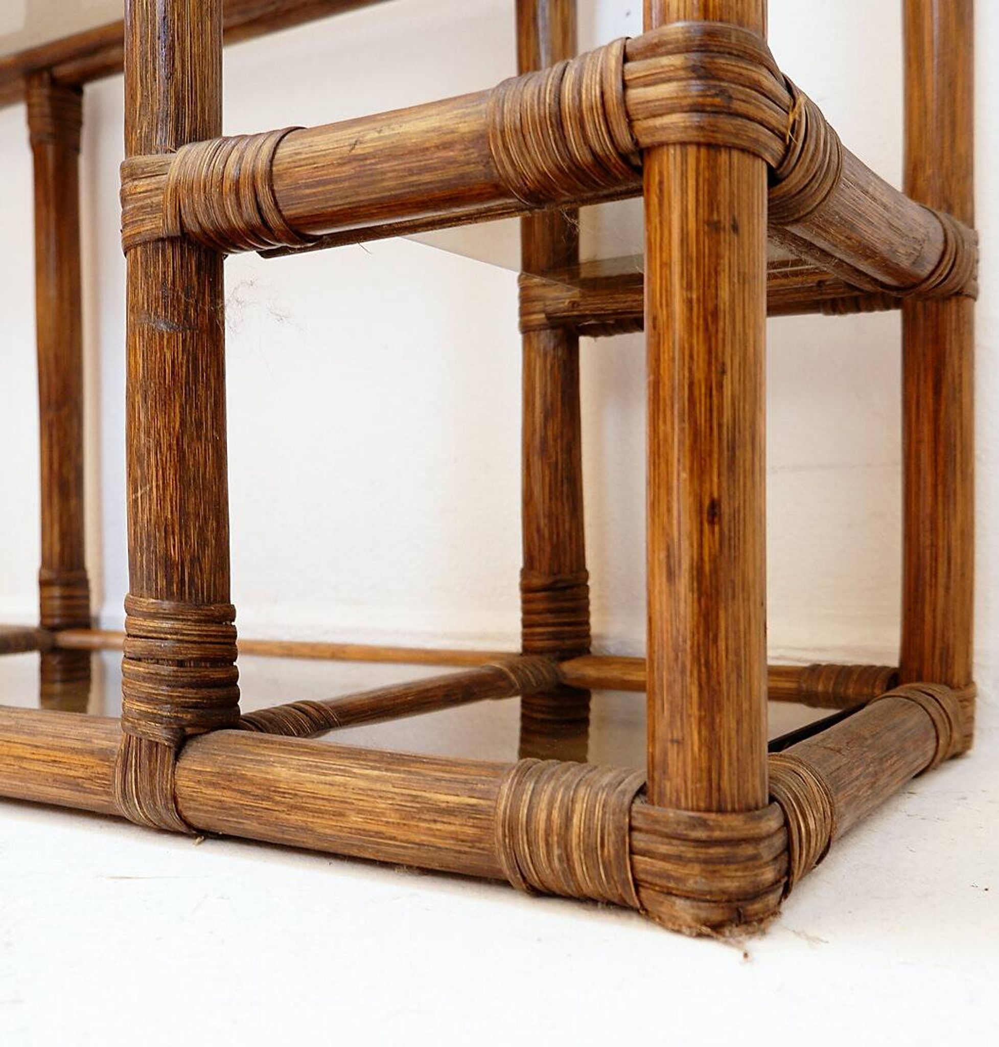 Asymmetrical shelf in bamboo and smoked glass - 1970s