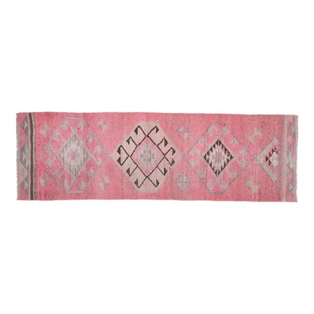 1970s Turkish Oushak Handmade Wool Cotton Pink Area Rug 84x304