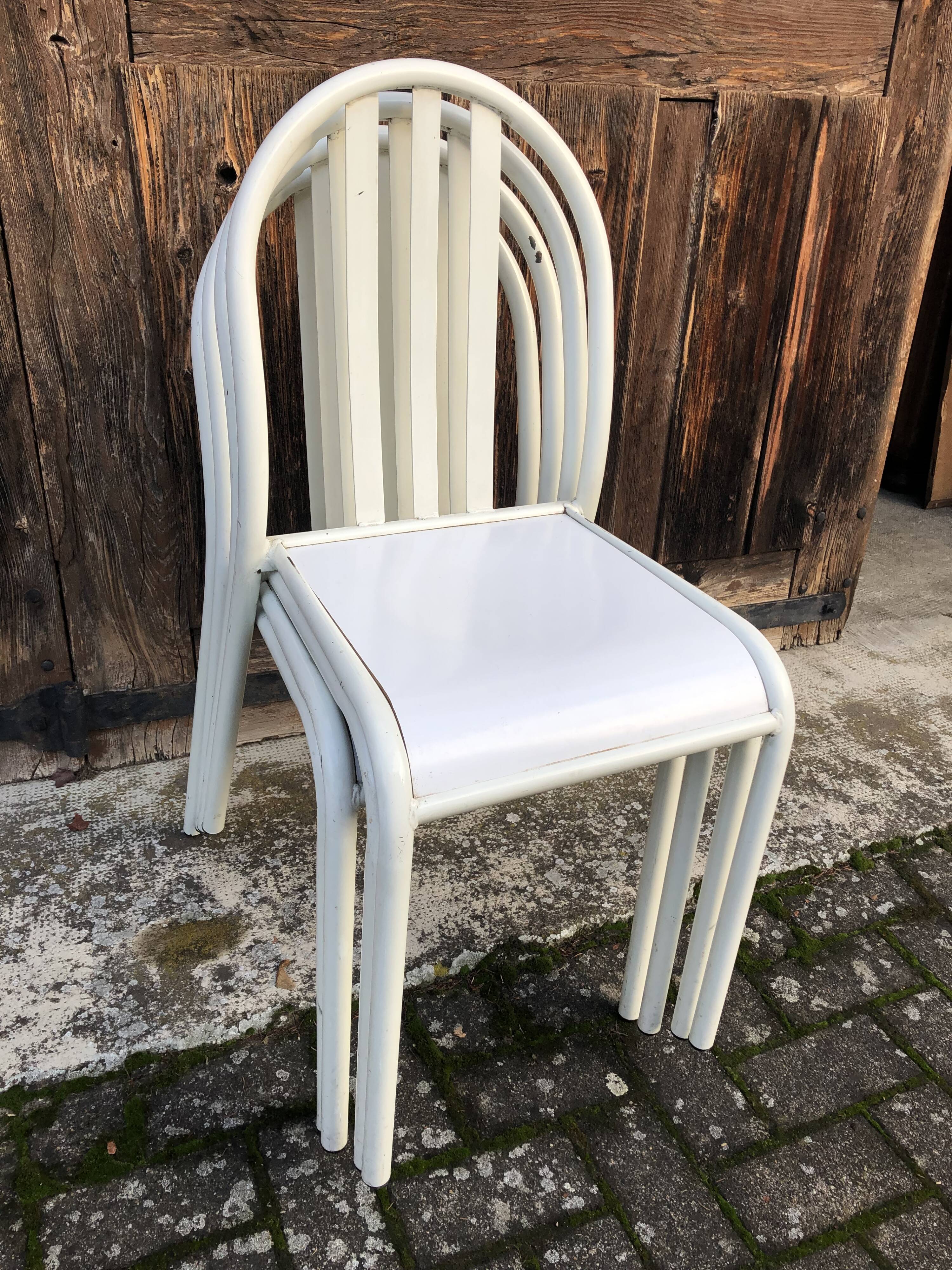 Lot 4 chairs Mallet-Stevens 60s white and wood-washed tube