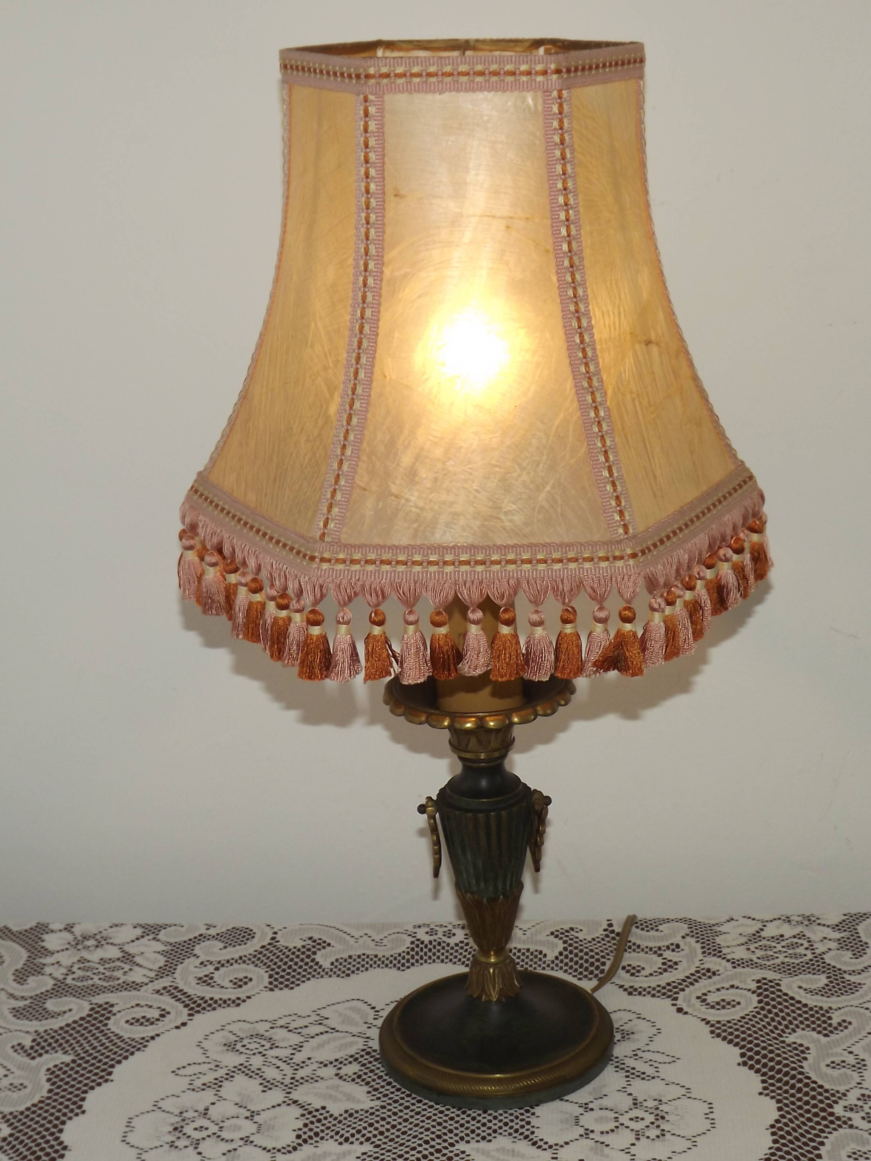 French Empire Style Green & Gold Brass Candlestick Table Lamp & Hide Shade