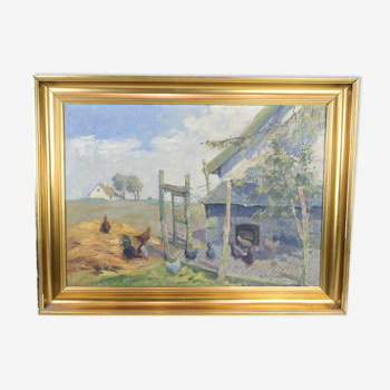 Oil Painting on Canvas with Motif of Chicken Farm and Fields