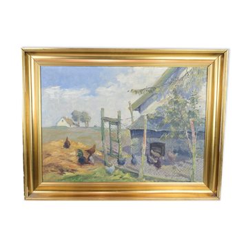 Oil Painting on Canvas with Motif of Chicken Farm and Fields