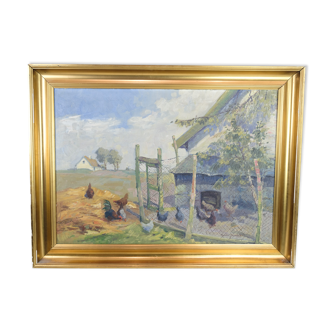 Oil Painting on Canvas with Motif of Chicken Farm and Fields