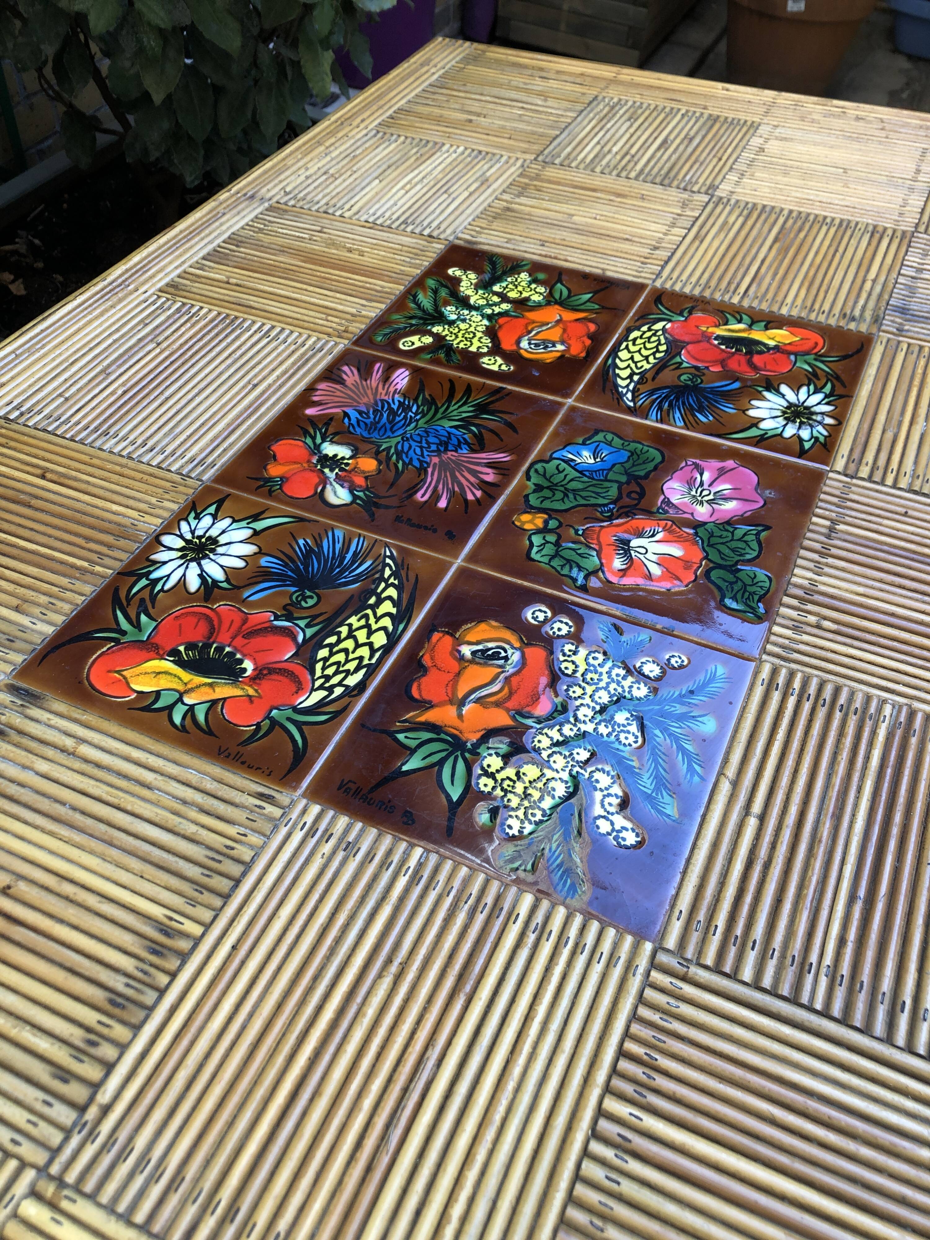 Vintage bamboo, rattan and Vallauris tiles table
