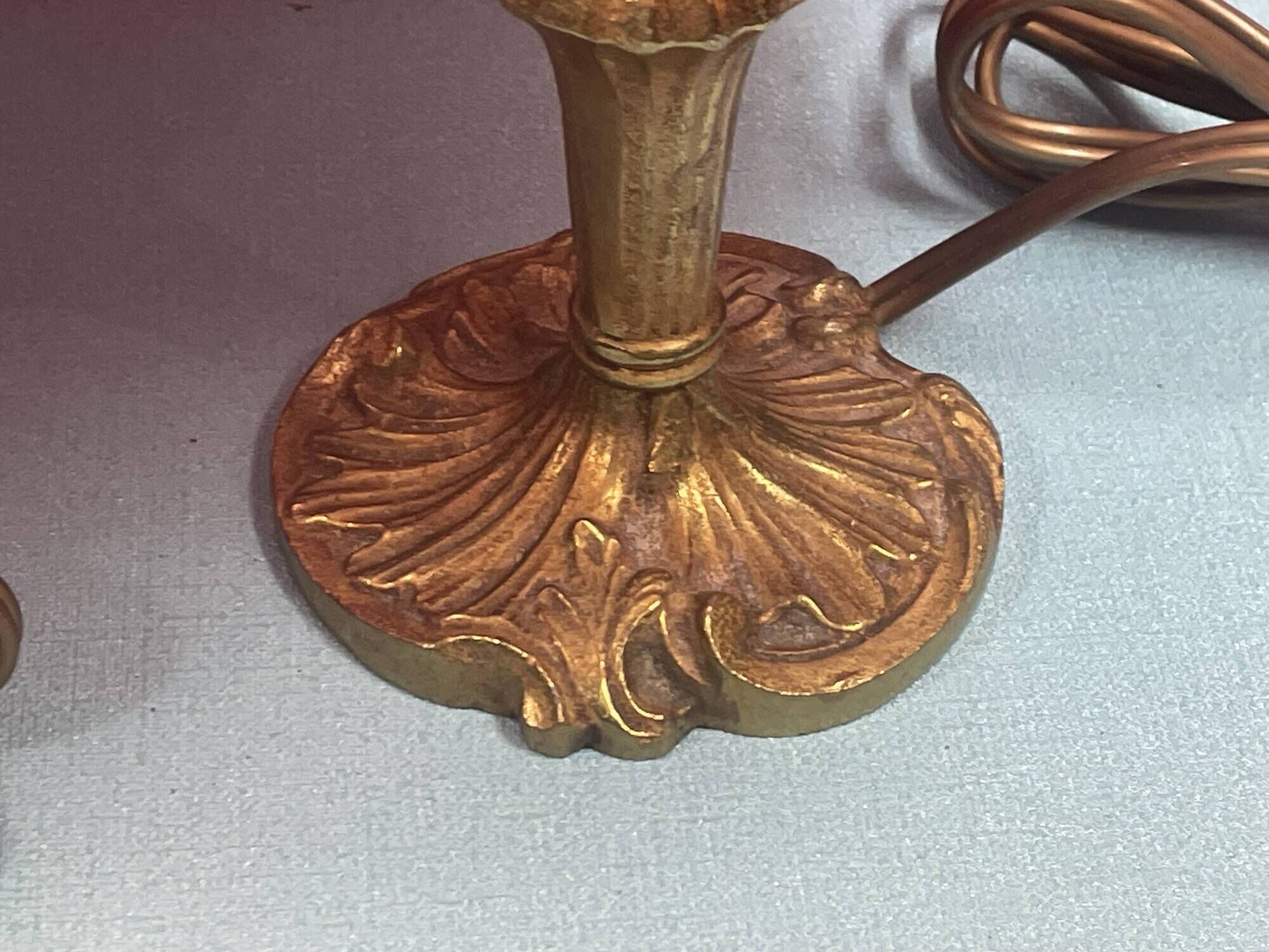 Pair of brass foot lamps, haloed but acceptable lampshades H 33 cm