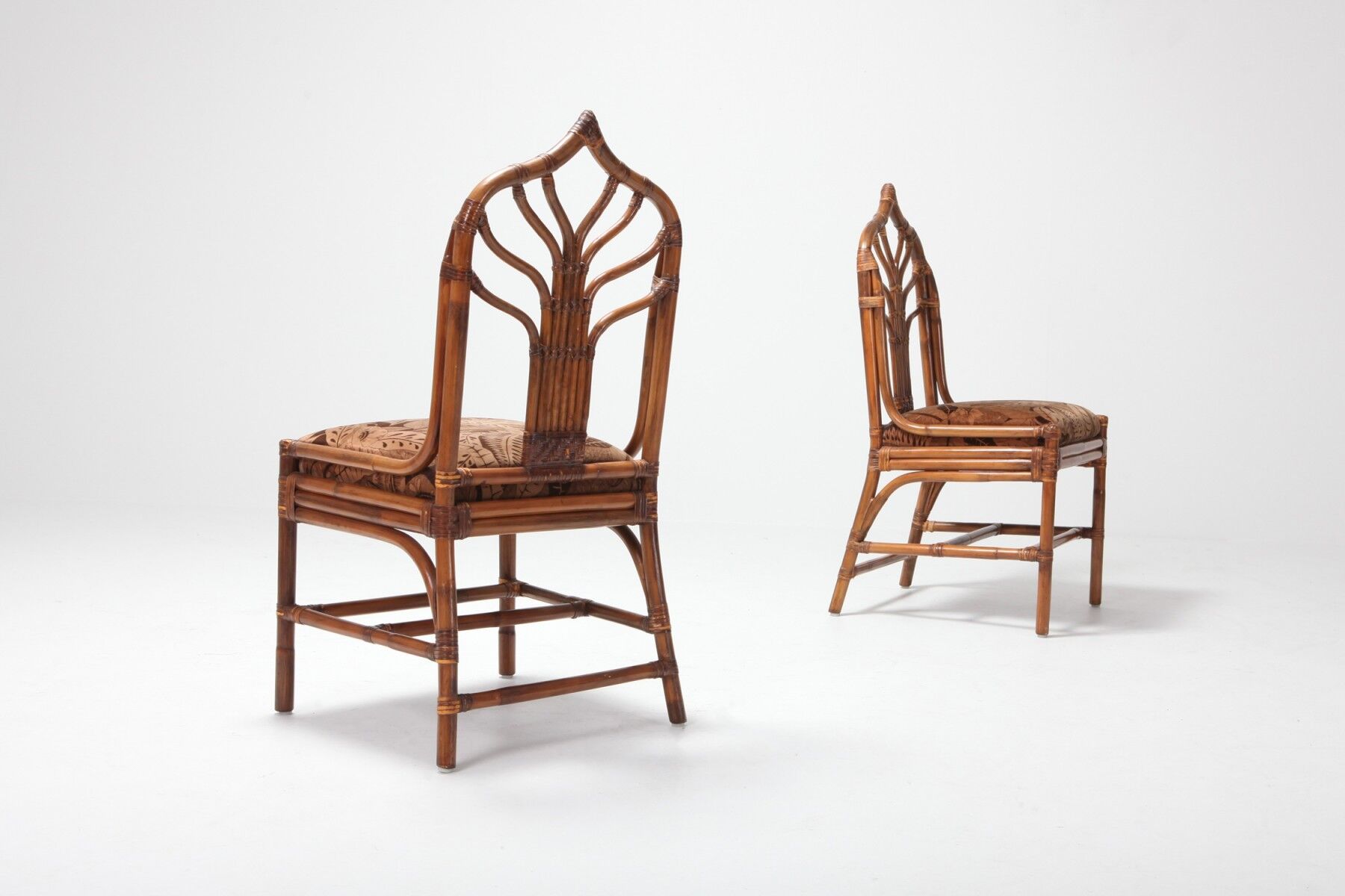 Set of bamboo lounge chairs with Italian 1960 floral cushions