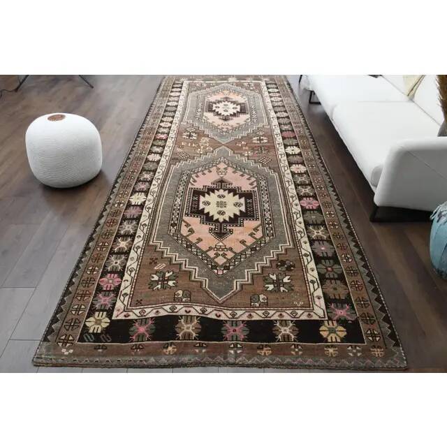 1970s Vintage Turkish Oushak Handmade Wool Cotton Brown Area Rug 85x317