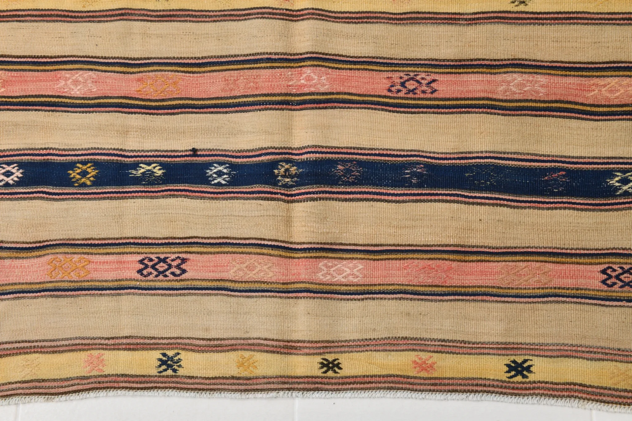 Turkish Vintage Blue & Beige Kilim Rug, Mid Century Modern Farmhouse Decor