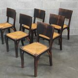 Suite of 6 chairs brutalist style straw and solid oak