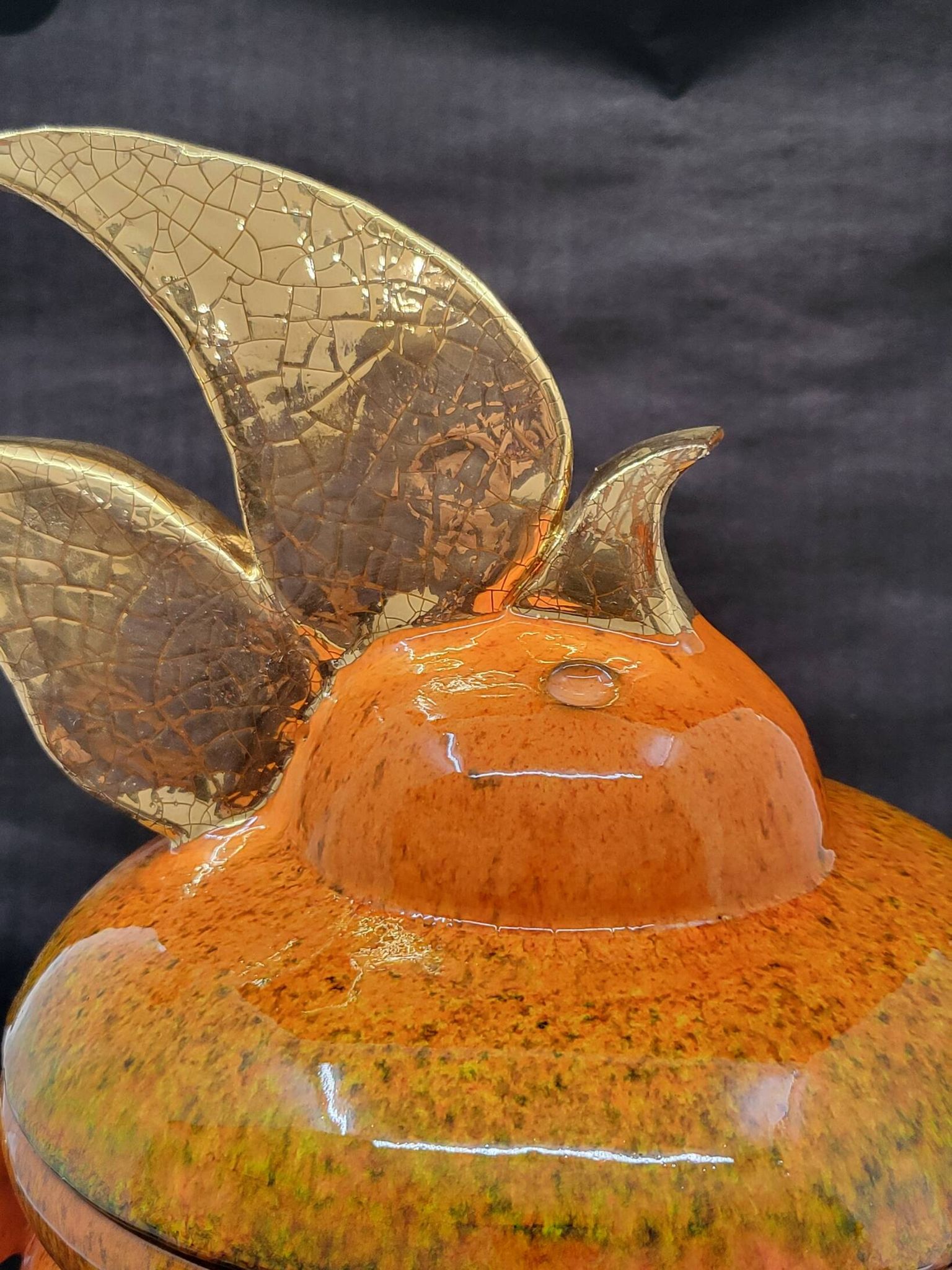Gérard Crociani soup tureen in orange zoomorphic ceramic French gilded with fine gold Vallauris