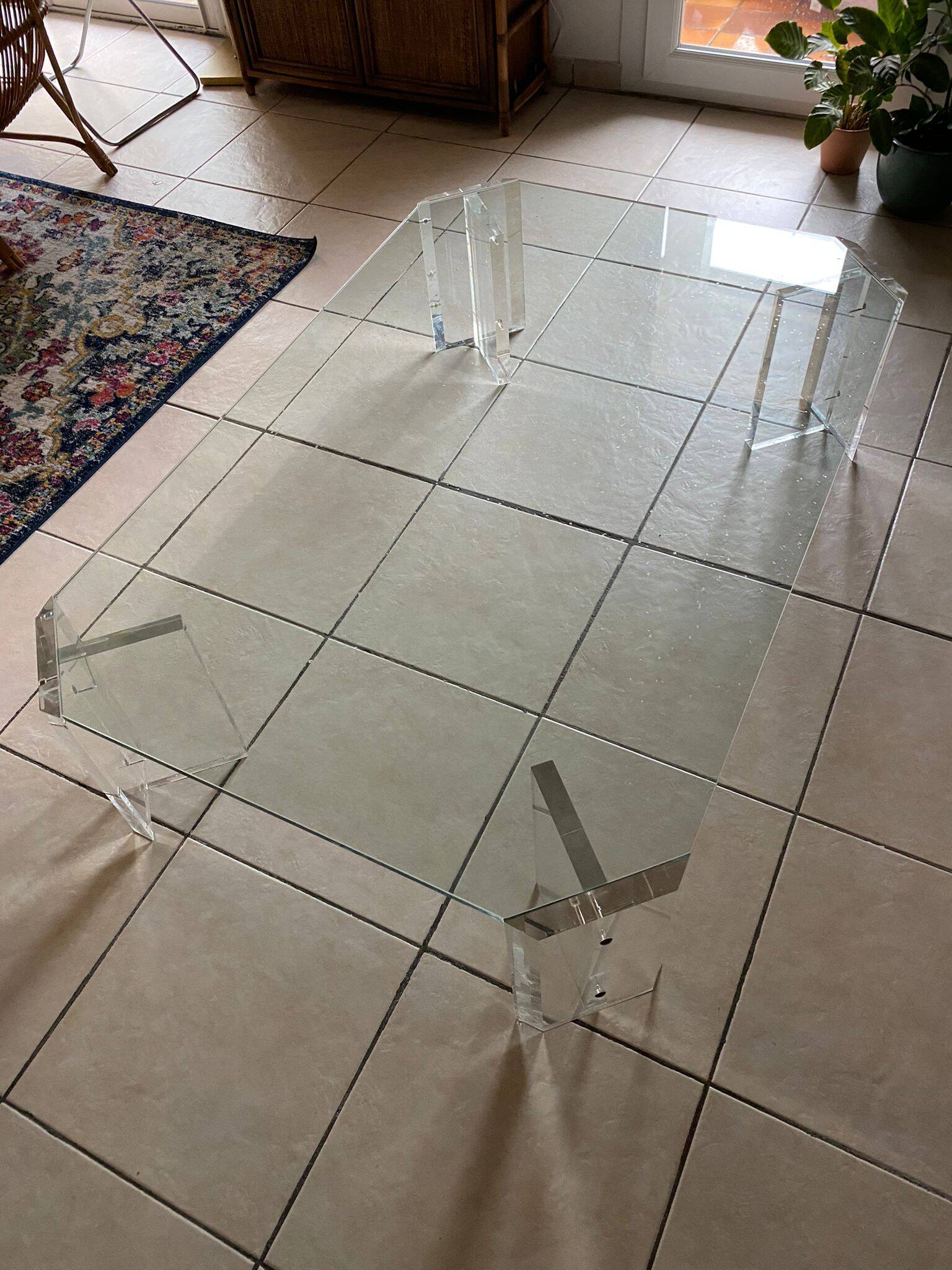 Octagonal Glass and Lucite Coffee Table, Karl Springer, USA Mid-Century Vintage