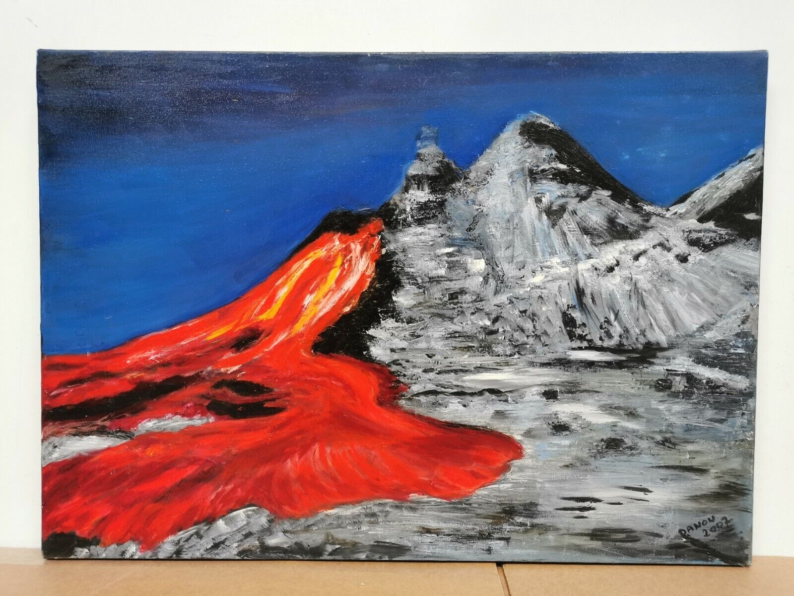 Table signed danou . oil on canvas tanzania volcanic eruption july 2004