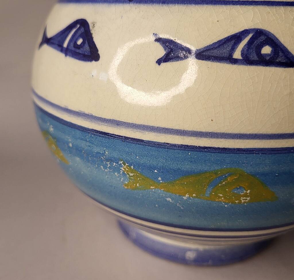 Portuguese Ceramic Vase Decorated with Blue & Gold Fish