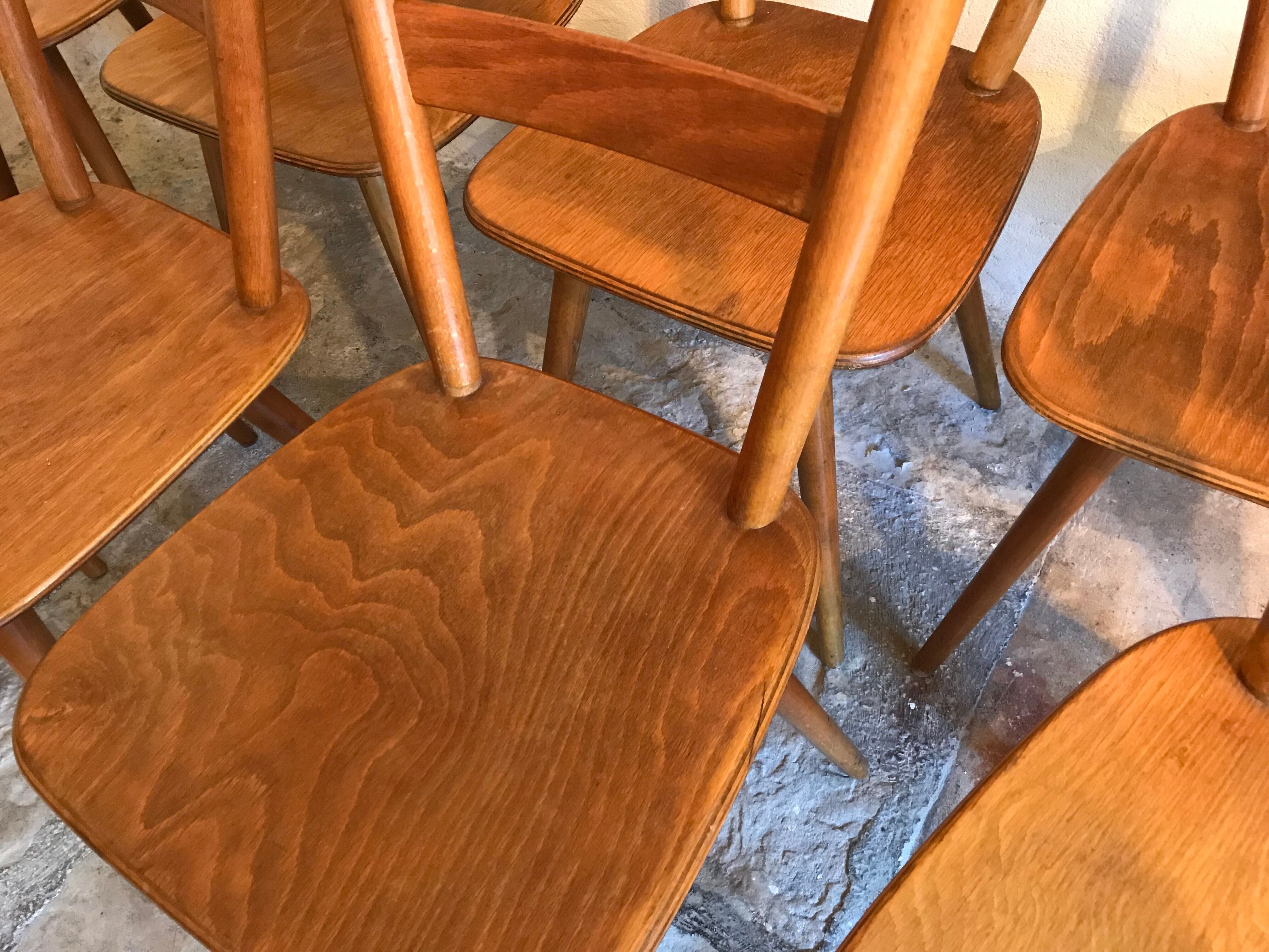 Set of 8 vintage beech chairs compass feet 1960's