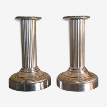 Paire bougeoirs forme de colonne bronze argenté flambeaux candlestick 19th