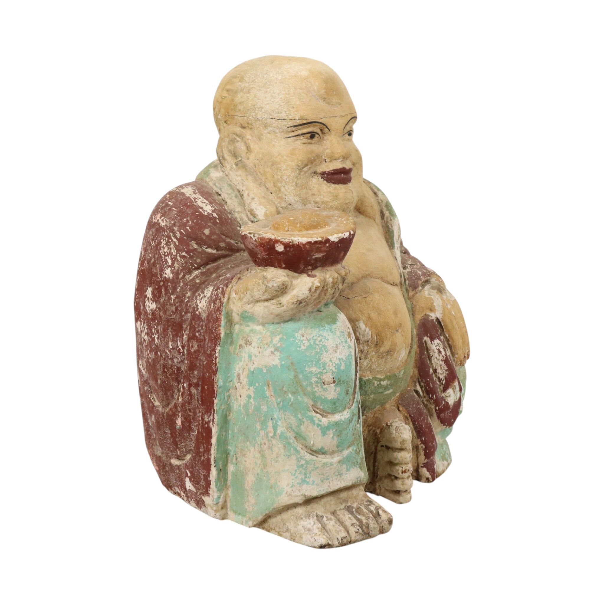 Large XL Polychrome Wooden Laughing Buddha Statue 47 cm