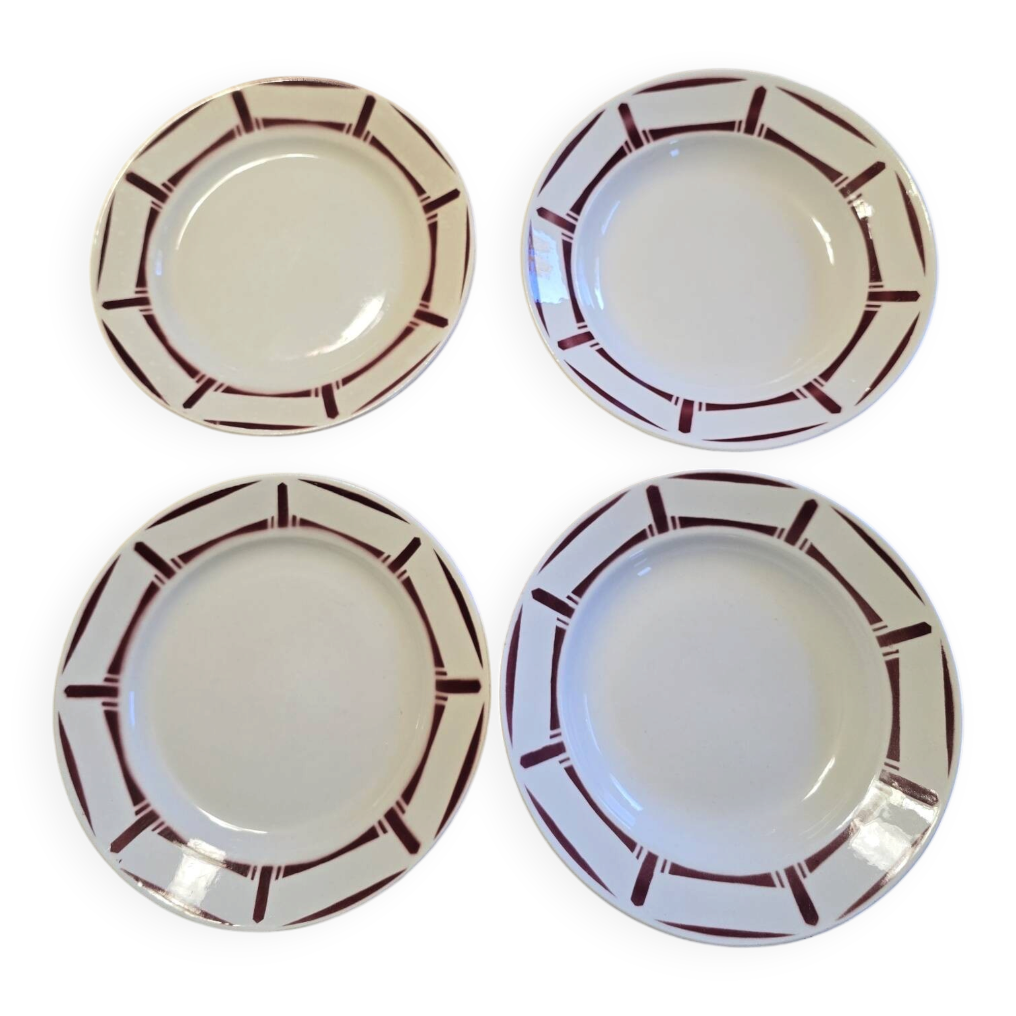 Lot of 4 flat and deep Art Deco plates Badonviller series Louise