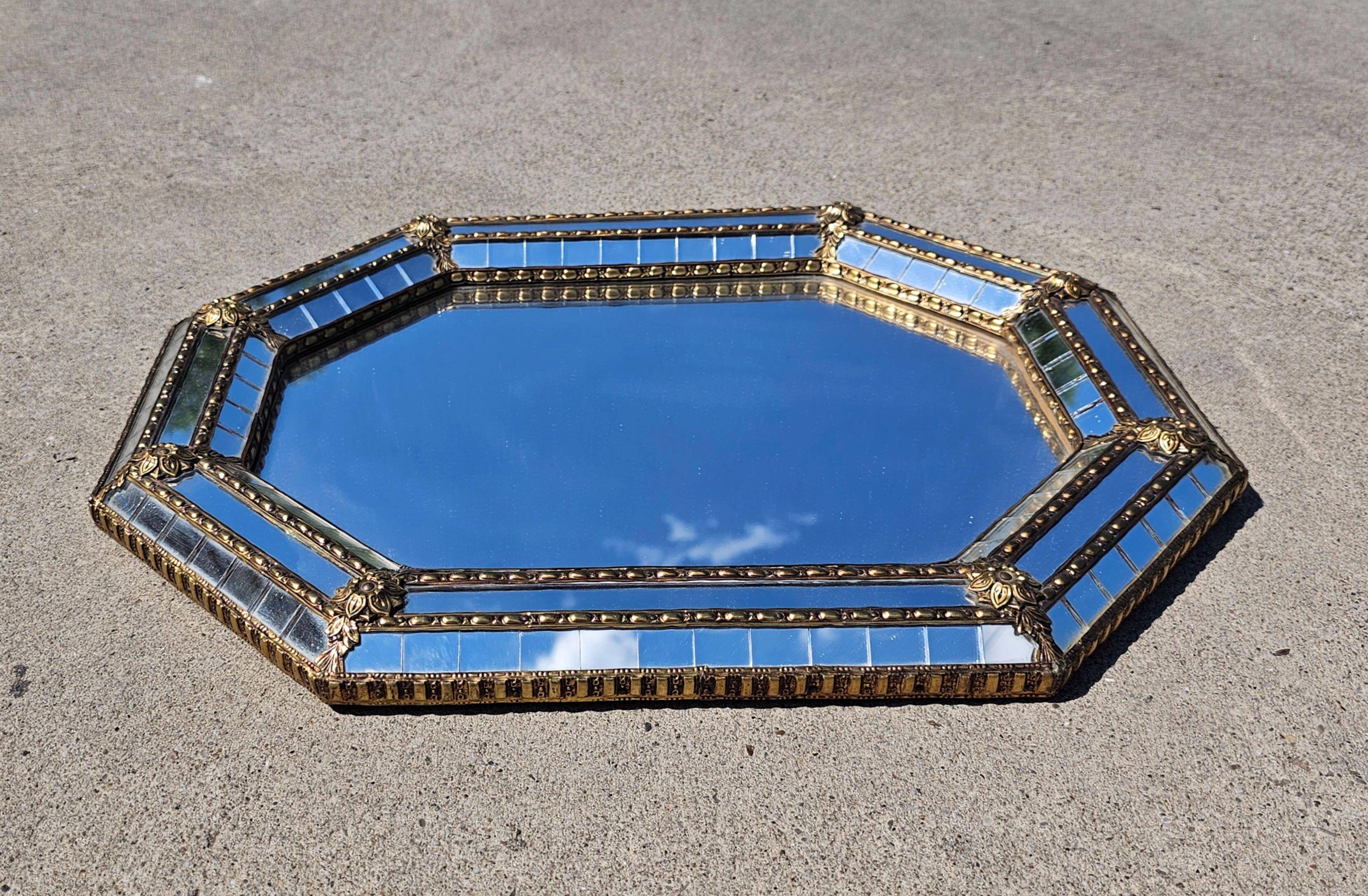 Octagonal Hollywood Regency Mirror with Floral Brass Accents, 1970s