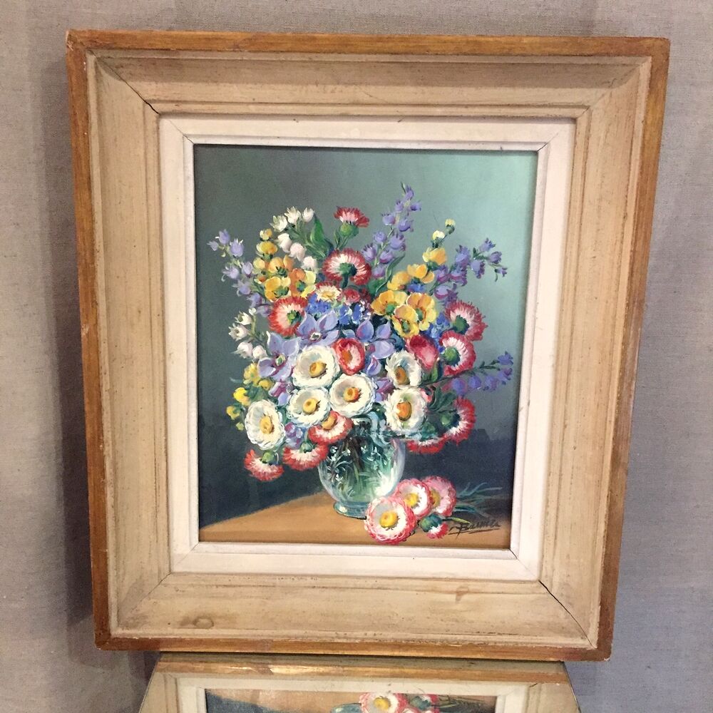 Oil on canvas bouquet of flowers sign c barnier