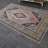 Vintage Turkish rug 134x240 cm, pink and navy blue tones, handmade wool