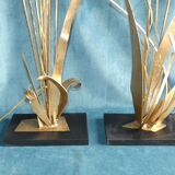 Pair of Golden Metal Lamps Reeds Work circa 1960 1970 Hollywood Regency