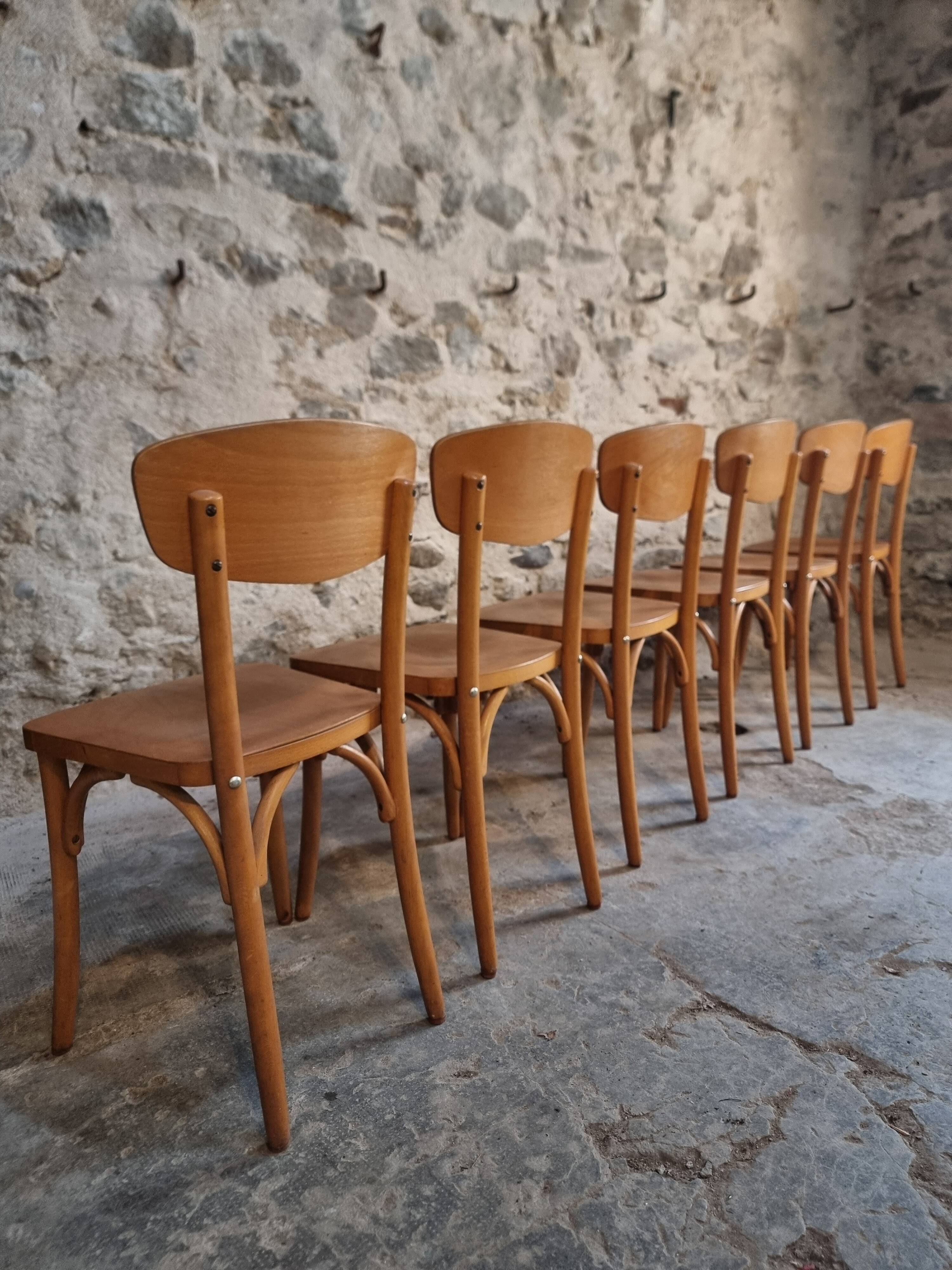 Ensemble de 6 chaises bistrot françaises vintage en bois courbé par Luterma, vers 1950–1970
