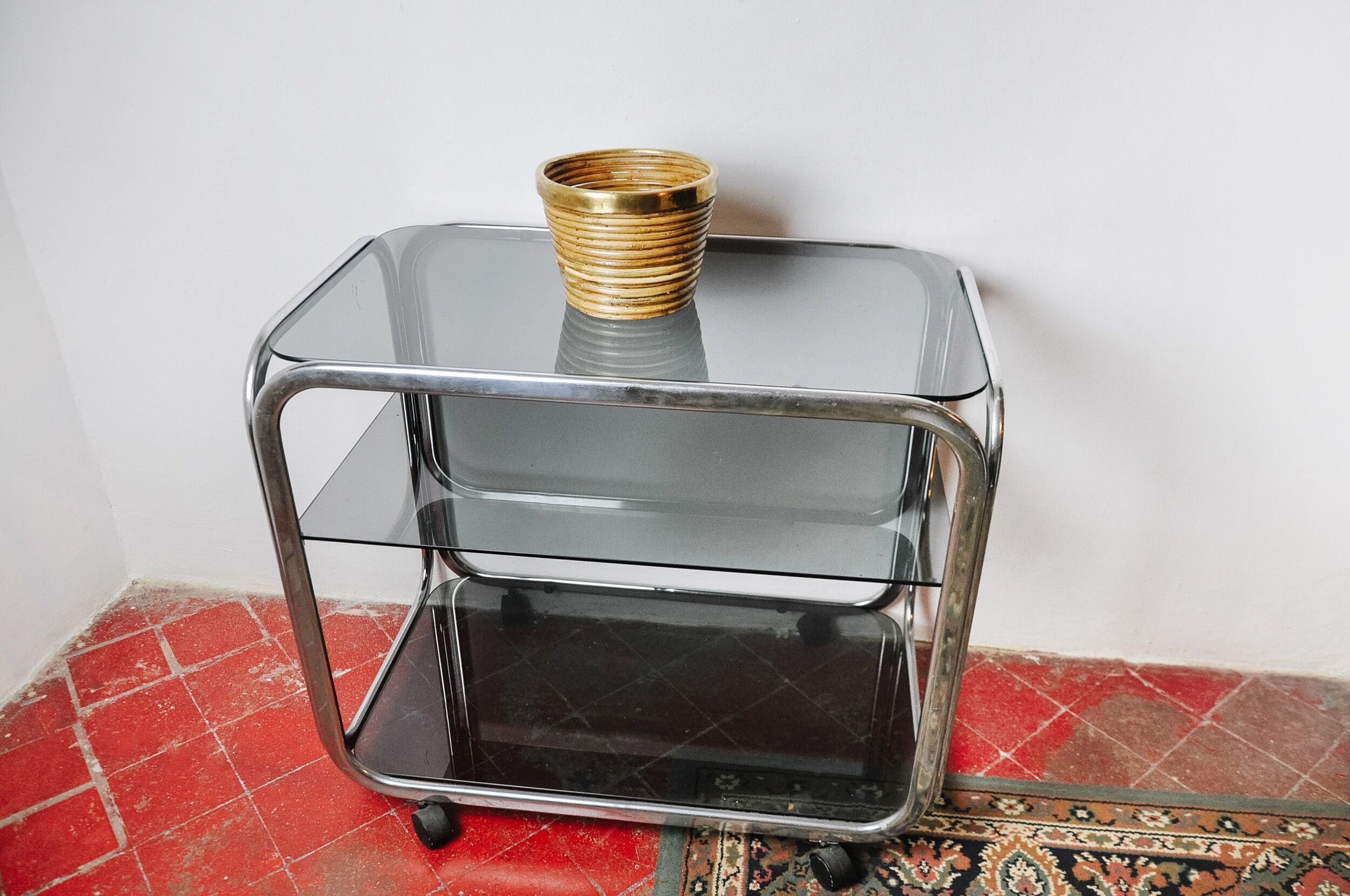 Rattan and brass basket, Italy, 1970