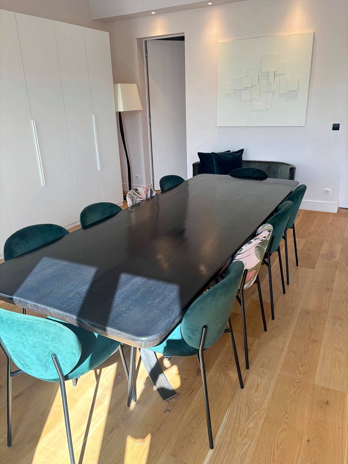 Large dining table in BS Style made of black oak and iron.