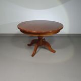 70s pine wood dining table / wood column leg table in 4-leg design with round top