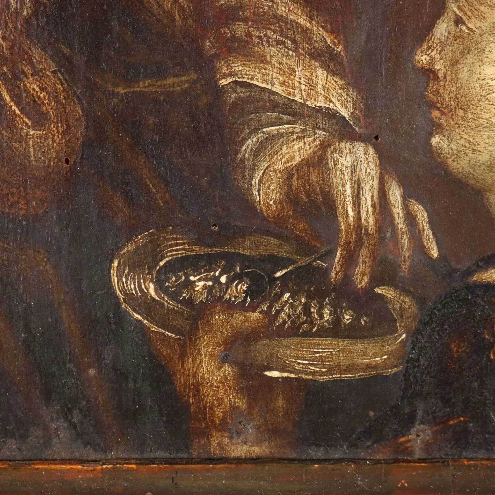 The Holy Family, ancient oil painting on panel, 16th-17th century.