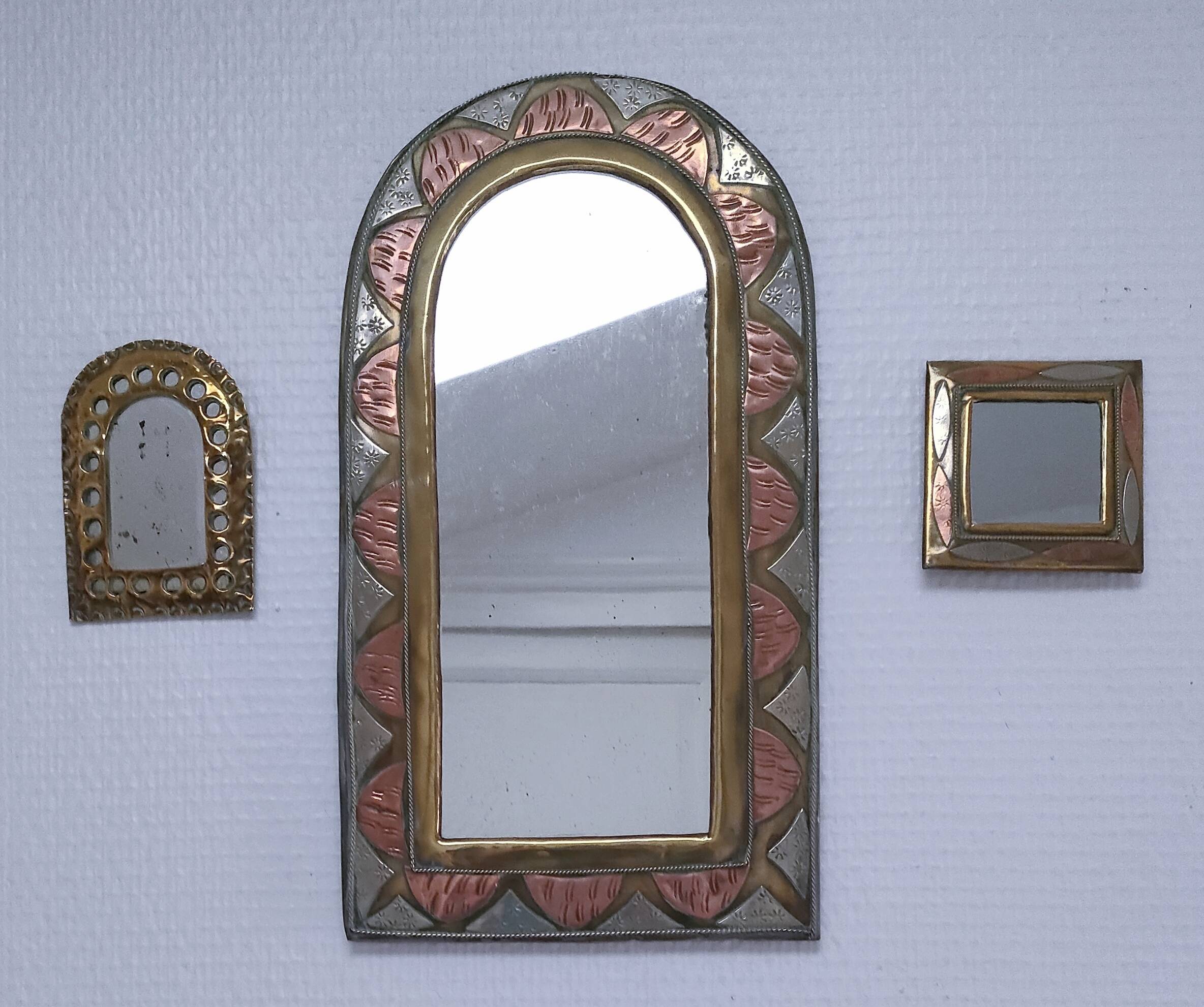 Three metal mirrors brass copper silver metal 80s