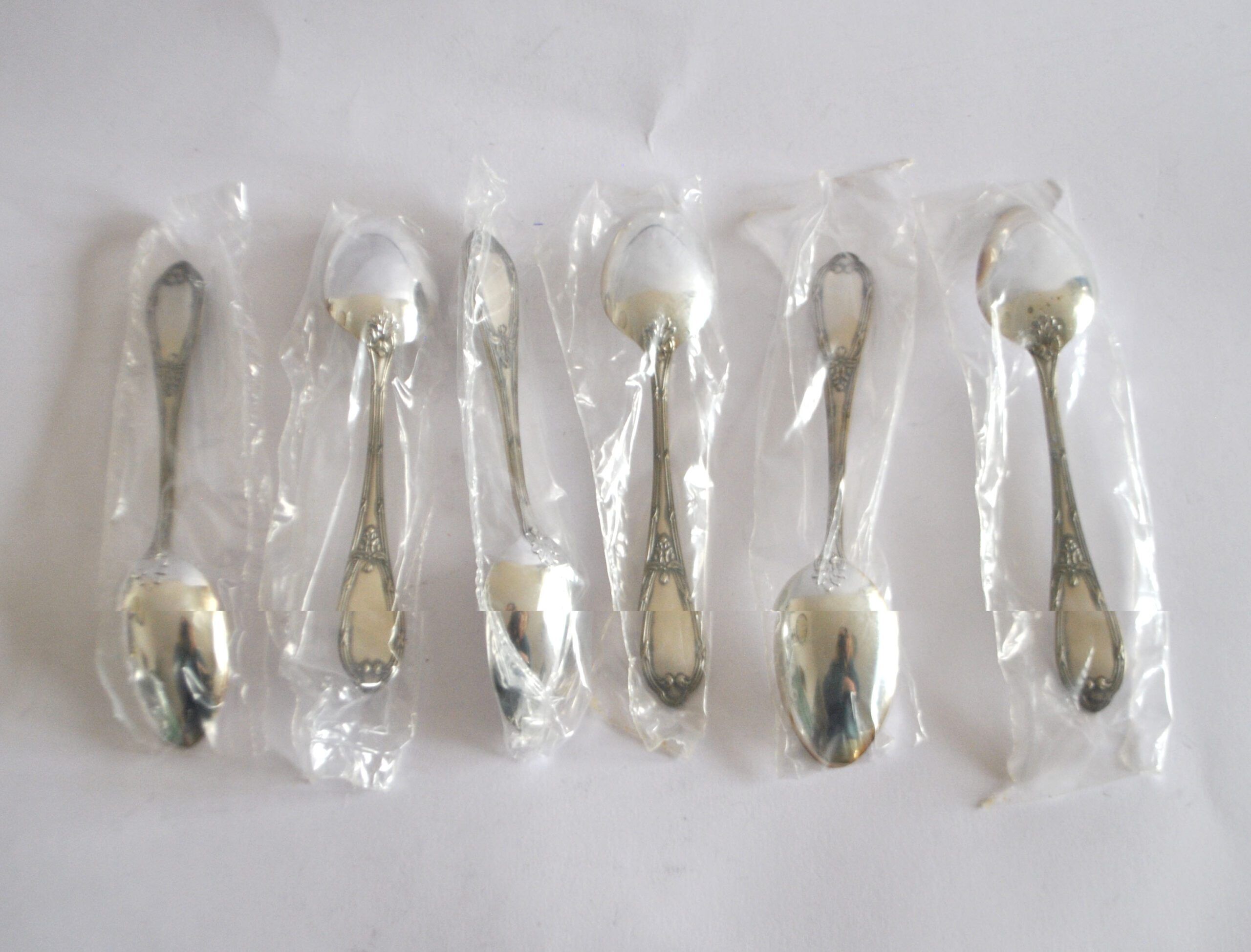 DEETJEN set of 6 silver-plated metal teaspoons or dessert spoons with crossed ribbons, new, 14.5 cm