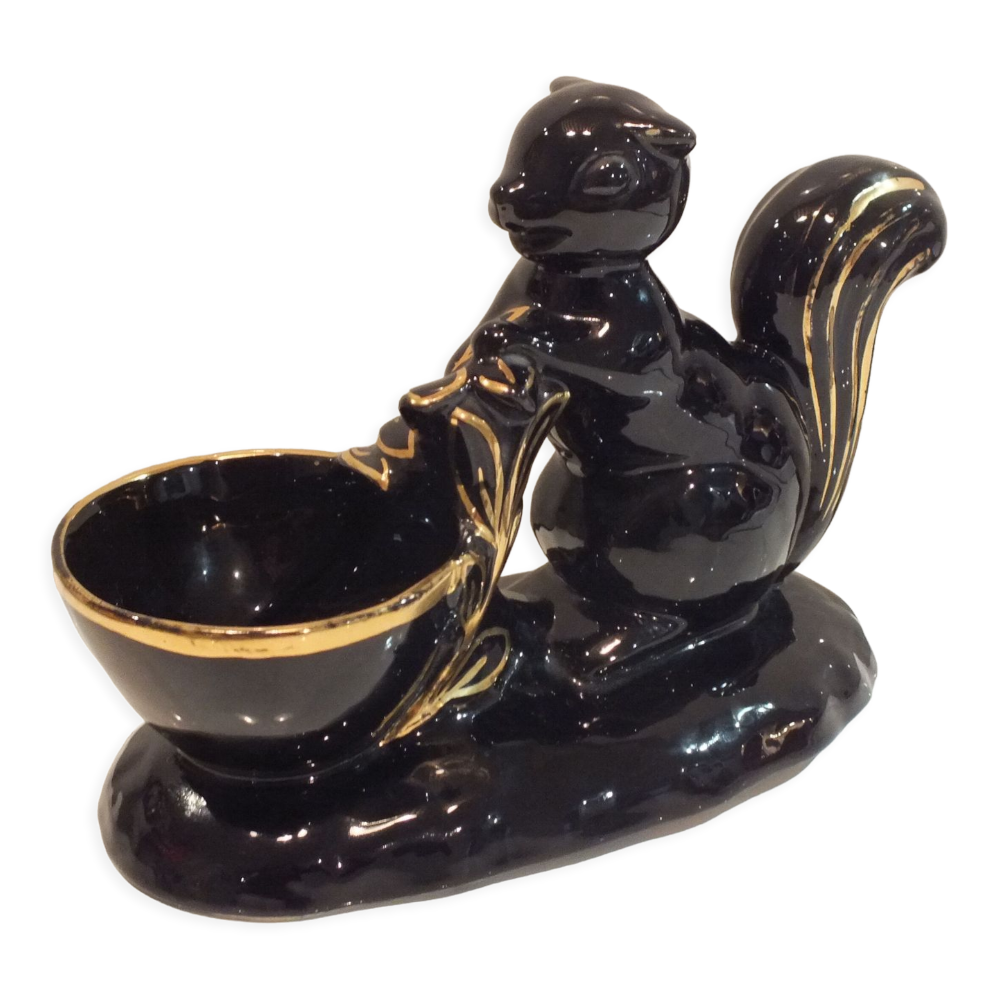 Black and gold ceramic squirrel pot cache from the 50s