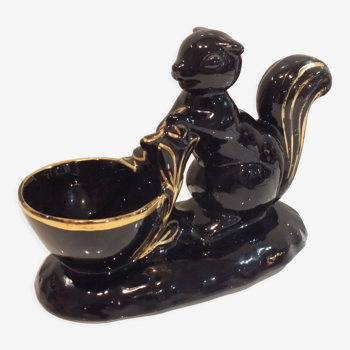Cache pot écureuil en céramique noire et or des années 50