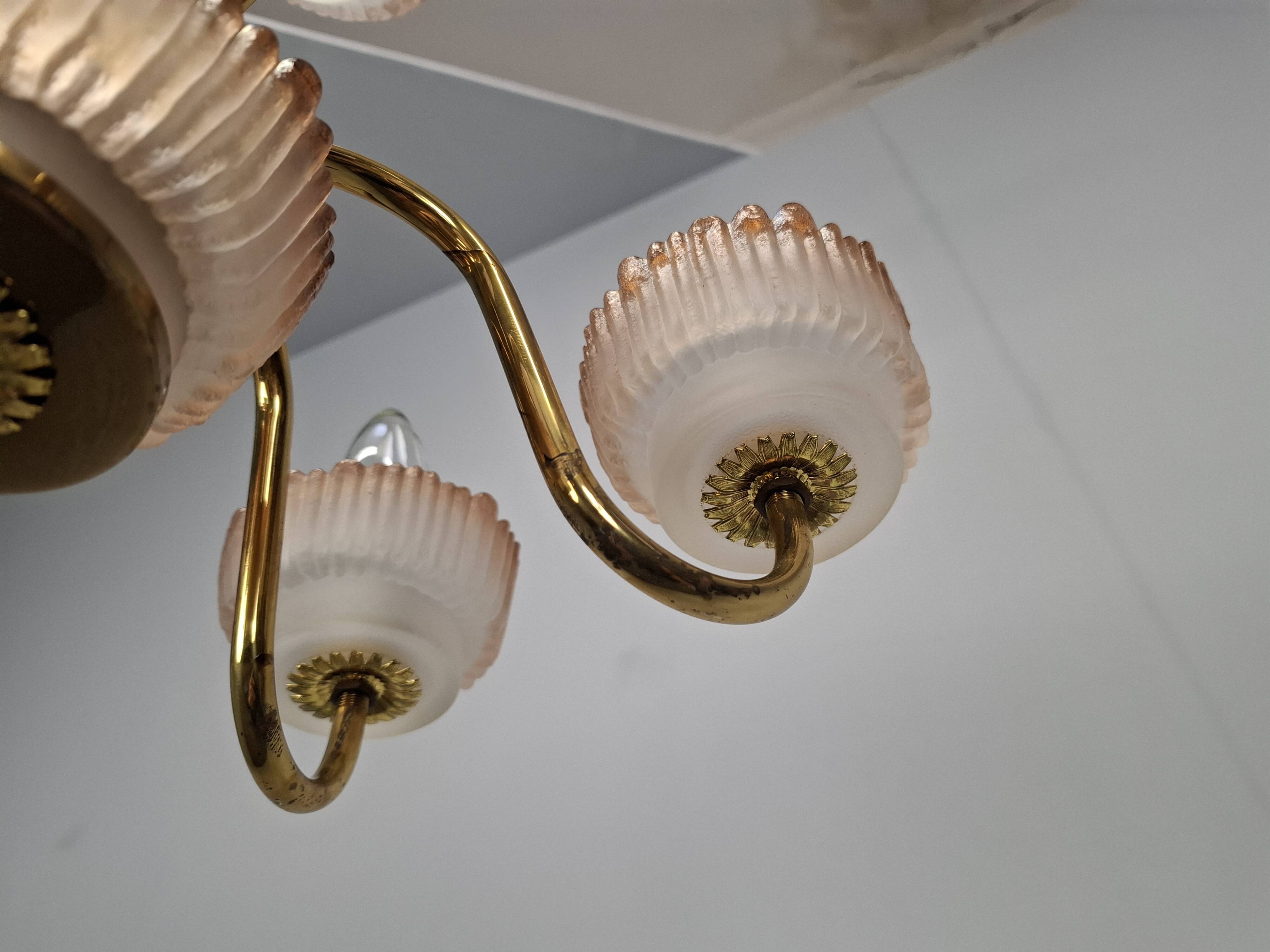 1960s Czech Mid-Century Brass and Železný Brod Frosted Glass Six-Arm Chandelier