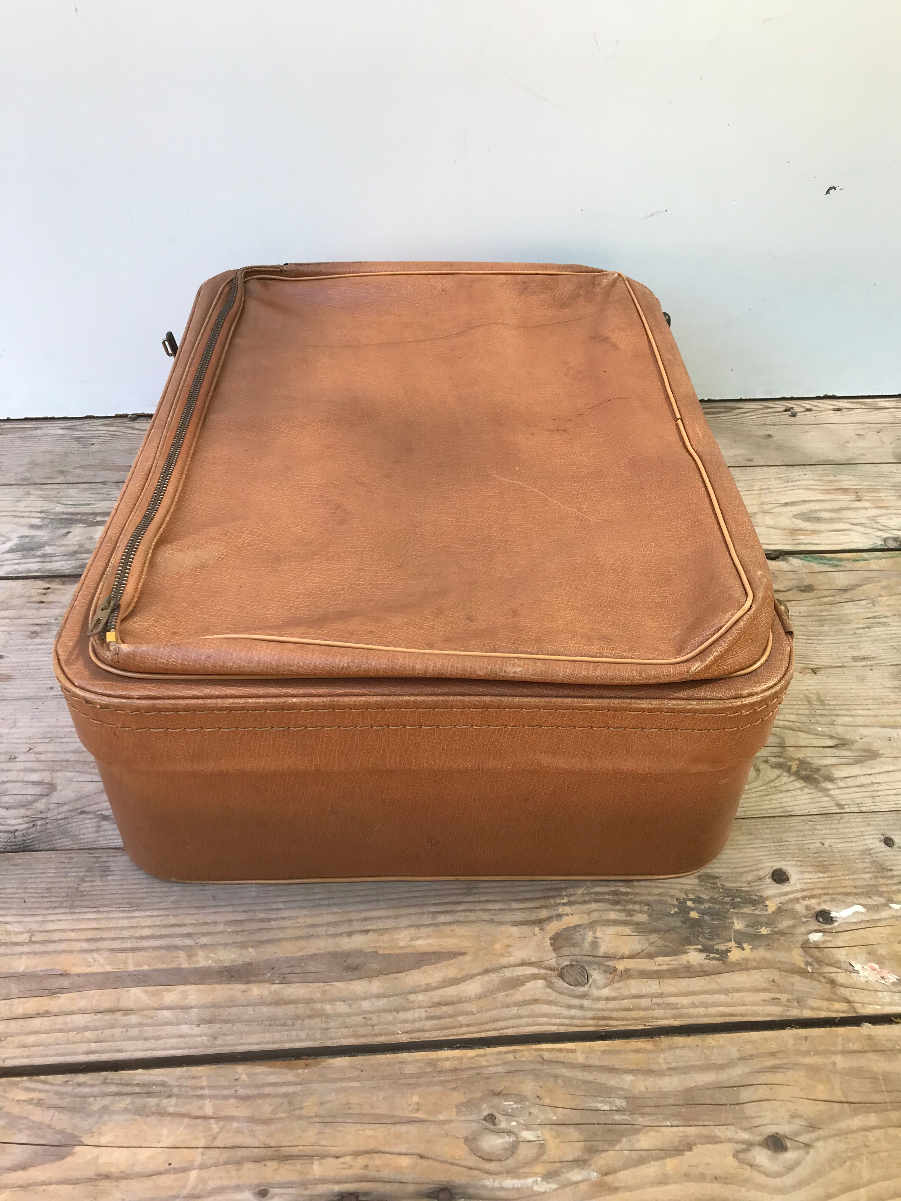 Old suitcase travel leather brown70s vintage