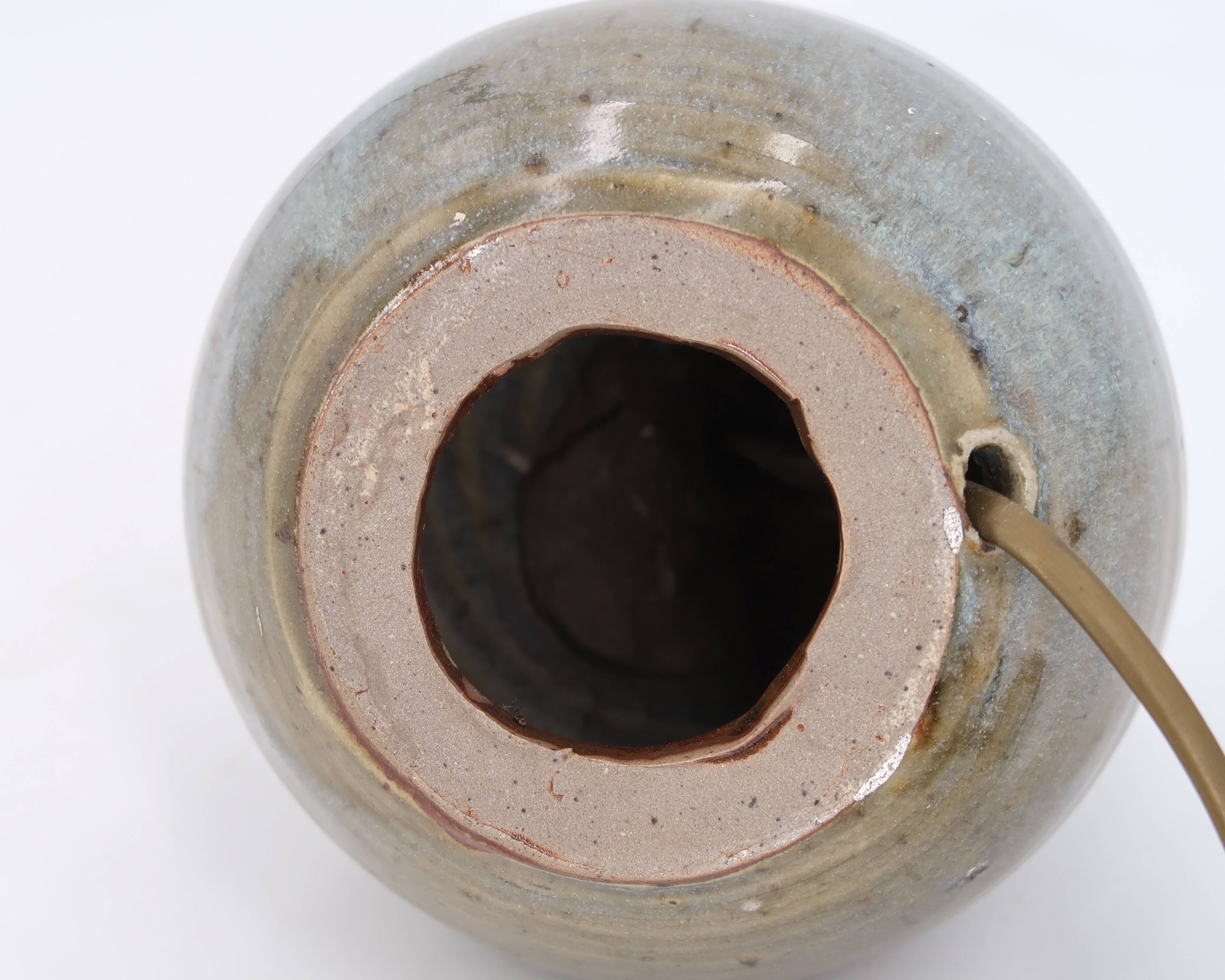 Stoneware potter's lamp, raffia lampshade, 70s ceramic