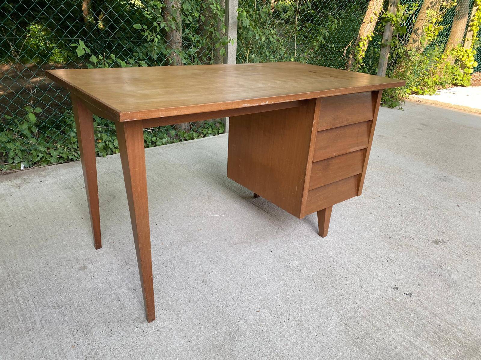 1940s Scandinavian wooden desk with 4 drawers and spindle legs