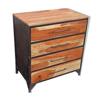 Commode en métal avec 4 tiroirs et plateau en bois